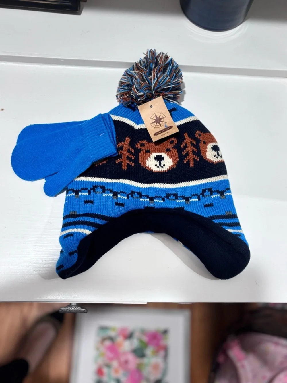 Youth Kids Blue Bear Knit Pom Beanie with Matching Mittens NWT